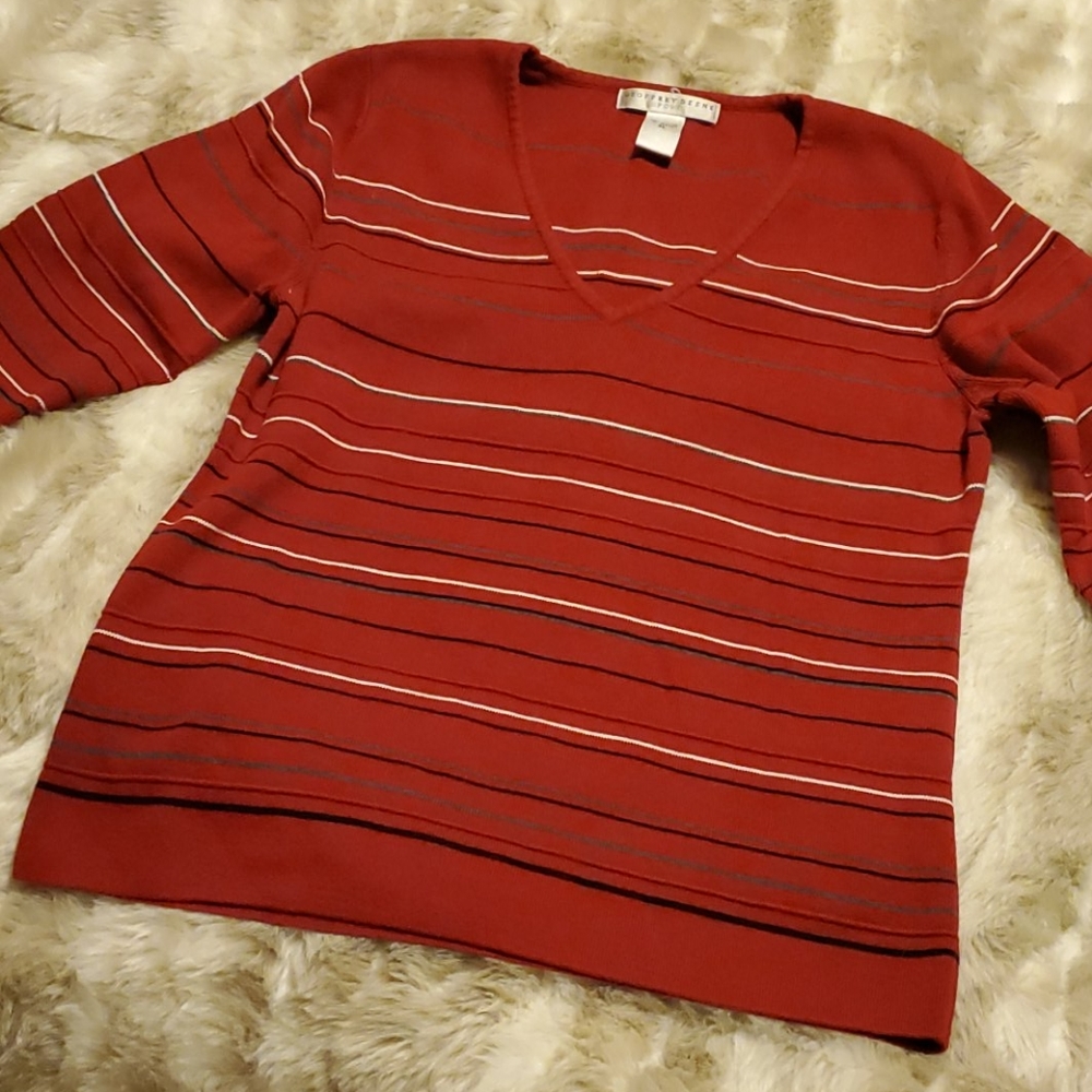 EUC Striped red 3/4 sleeve V neck sweater